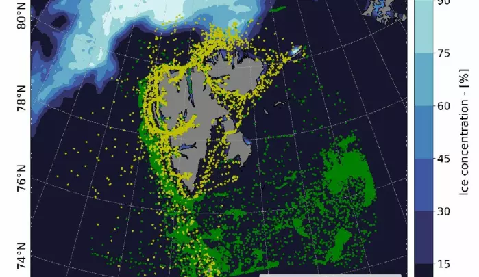 Average sea ice concentration, and fishing (green) and passenger (yellow) vessel position in July of 2013. Figures generated with python 3.7.x.