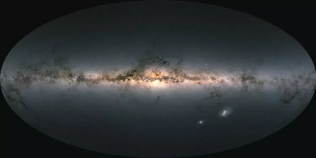 Vår galakse, Melkeveien, sett med Gaia-teleskopet. Dette er altså ikke et bilde, men et kart over stjernene som Gaia har registrert.