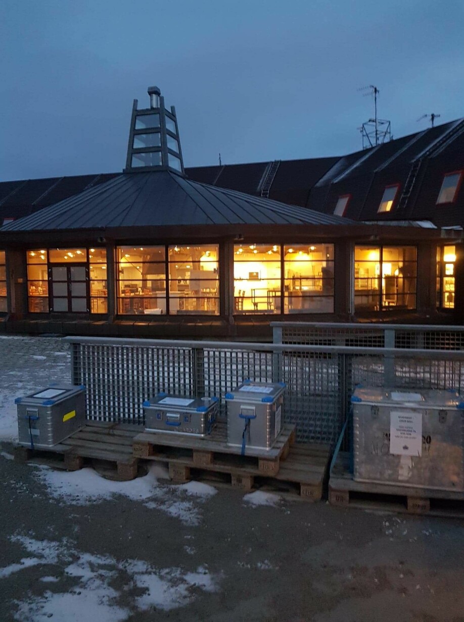 Utenfor Forskningssenteret i Longyearbyen står zargesboksene plassert, klare for å fylles med døde østmarkmus, fangstet av innbyggere i Longyearbyen.