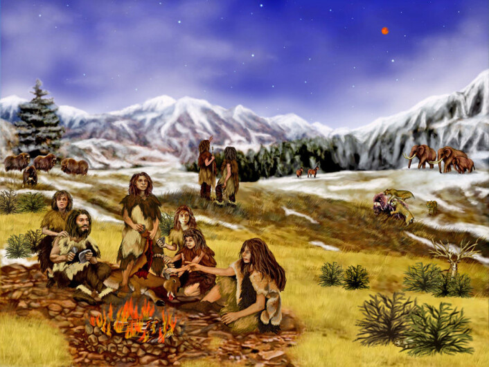 En kunstners forestilling av en gruppe neandertalere i fjell-landskap. (Foto: (Illustrasjon: NASA/JPL-Caltech)) En kunstners forestilling av en gruppe neandertalere i fjell-landskap. (Foto: (Illustrasjon: NASA/JPL-Caltech))