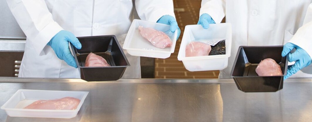 Fagfolk ved Nofima undersøker hvordan kyllingfilet holder seg i ulike typer emballasje, og noen av materialene de tester er det enklere å gjenvinne. Fagfolk ved Nofima undersøker hvordan kyllingfilet holder seg i ulike typer emballasje, og noen av materialene de tester er det enklere å gjenvinne.