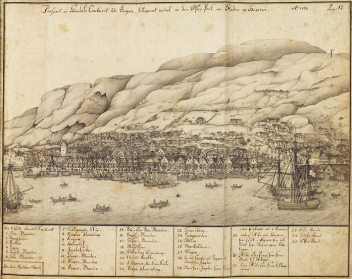 Bryggen i Bergen var knutepunkt for hanseatene i Norge. Her er byggene slik de ble tegnet av Johan Joachim Reichborn i 1768. (Foto: Wikimedia Commons) Bryggen i Bergen var knutepunkt for hanseatene i Norge. Her er byggene slik de ble tegnet av Johan Joachim Reichborn i 1768. (Foto: Wikimedia Commons)