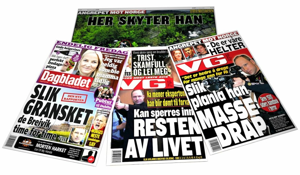 Det er vanskelig å unngå sterk informasjon i mediene. For noen kan det bli for mye. (Foto: (Faksimiler: VG 24.7.2011 og 11.4.2012, og Dagbladet 13.4.2012. Montasje: Per Byhring))