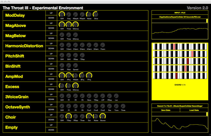 Kontrollpanel for The Throat III, i programmet SuperCollider. (Foto: (Skjermdump: Carl Unander-Scharin)) Kontrollpanel for The Throat III, i programmet SuperCollider. (Foto: (Skjermdump: Carl Unander-Scharin))