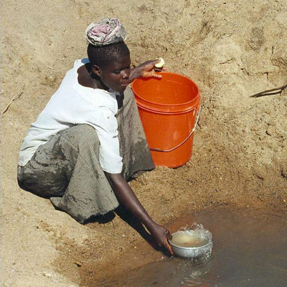 Kvinne henter forurenset drikkevann i landsbyen Mwamanongu i Tanzania. Foto: (Foto: Bob Metcalf, Wikimedia Commons)