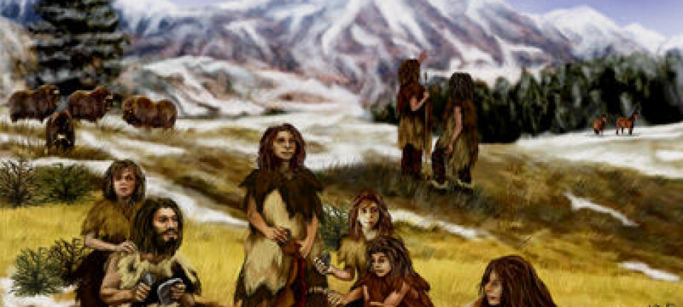 En kunstner forestiller seg en gruppe neandertalere. (Illustrasjon: NASA/JPL-Caltech)