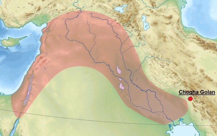 Chogha Golan ligger i Iran, helt ved den fruktbare halvmånes østlige grense. (Foto: (Bilde: Sémhur/Wikimedia Commons/forskning.no)) Chogha Golan ligger i Iran, helt ved den fruktbare halvmånes østlige grense. (Foto: (Bilde: Sémhur/Wikimedia Commons/forskning.no))