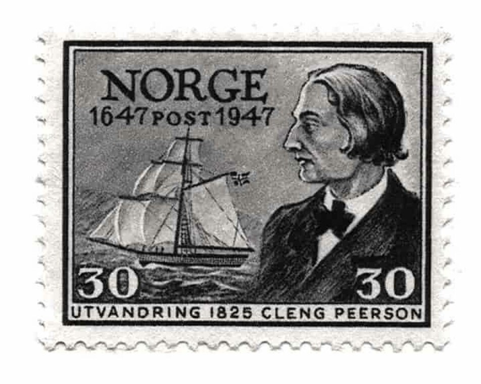 A stamp featuring Cleng Peerson from 1947.