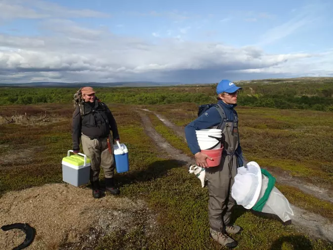 Naturforskeres arbeidsdag består av mye bæring. Her Jenny Jensen og Antti Eloranta.