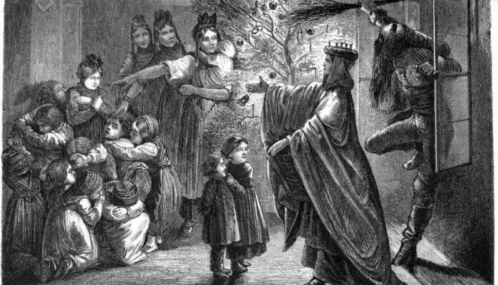 Illustrasjon av Christkindlein og den skumle hjelperen Hans Trapp som kommer på julebesøk.