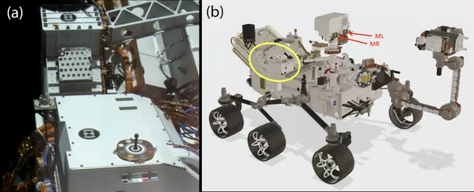 Roveren <span class="italic" data-lab-italic_desktop="italic">Perseverance</span> skal kjøre rundt på Mars og ta bilder, samle inn prøver med mer. Kameraet Mastcam Z sitter ved enden av robotarmen. De danskbygde kalibreringsplatene hører til Mastcam Z og plasseringen av dem er vist på begge bildene – markert med en gul sirkel på bildet til høyre. Til venstre fotografi ser vi de to platene nederst i høyre hjørne.