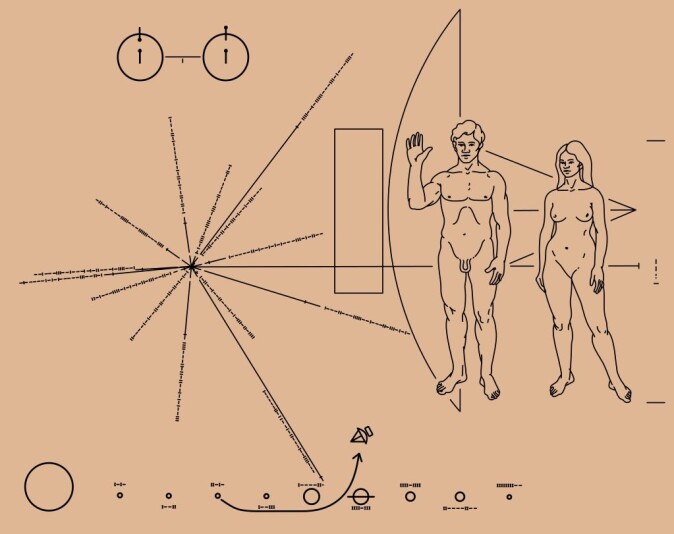 Romfartøyene Pioneer 10 og 11 tok med en metallplate med illustrasjoner som kunne brukes til å identifisere fartøyenes opphav. Hjernen bak var den legendariske astronomen Carl Sagan, som ønsket at enhver fremmed sivilisasjon i verdensrommet skulle kunne regne ut hvem som hadde skapt romfartøyet og hvordan fartøyets opphavsmenn kunne kontaktes. Romfartøyene Pioneer 10 og 11 tok med en metallplate med illustrasjoner som kunne brukes til å identifisere fartøyenes opphav. Hjernen bak var den legendariske astronomen Carl Sagan, som ønsket at enhver fremmed sivilisasjon i verdensrommet skulle kunne regne ut hvem som hadde skapt romfartøyet og hvordan fartøyets opphavsmenn kunne kontaktes.