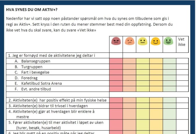 Enkle spørjeskjema som dette kan fange opp informasjon som er viktig for å måle kvaliteten på mellom anna aktivitetstilbod til «seniorinnbyggjarar». Enkle spørjeskjema som dette kan fange opp informasjon som er viktig for å måle kvaliteten på mellom anna aktivitetstilbod til «seniorinnbyggjarar».
