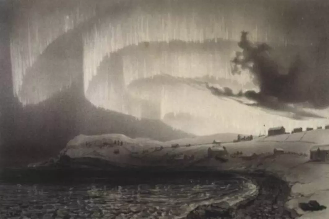 I tida før man kunne fotografere nordlyset, måtte det skildres på andre måter. Her et litografi av Louis Bevalet laget under La Recherche-ekspedisjonen i Finnmark på 1830-tallet.