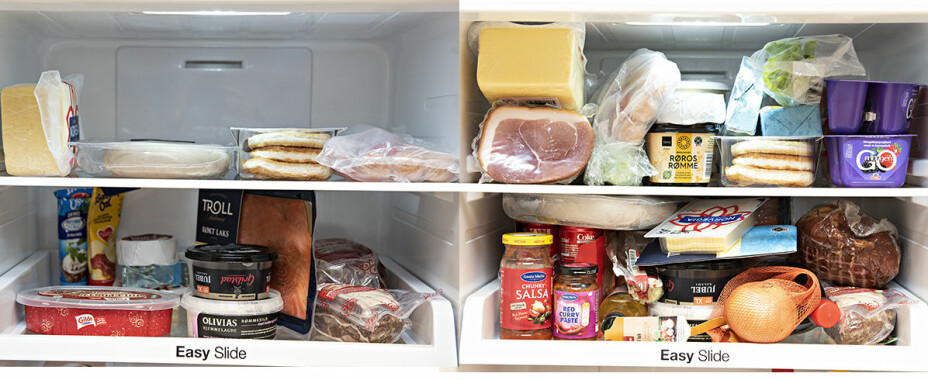 I bildet til venstre ser du et ideelt stablet kjøleskap. I det høyre bildet er det både for fullt, og noen varer, som grønnsakene trives bedre lavere ned i kjøleskapet, helst i grønnsaksskuffen.