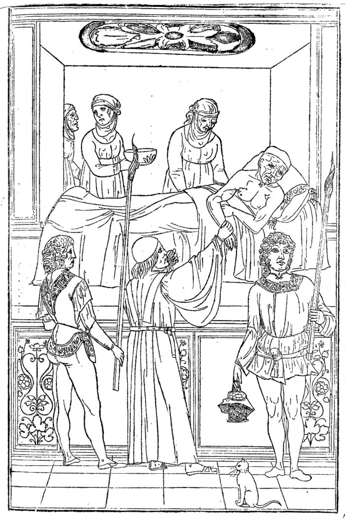 Fasciculus medicine av Joannes de Ketham, 1400-tallet. En lege holder en beskyttende pomander foran nesen mens han tar pulsen på en mann som er syk av pest. Fasciculus medicine av Joannes de Ketham, 1400-tallet. En lege holder en beskyttende pomander foran nesen mens han tar pulsen på en mann som er syk av pest.