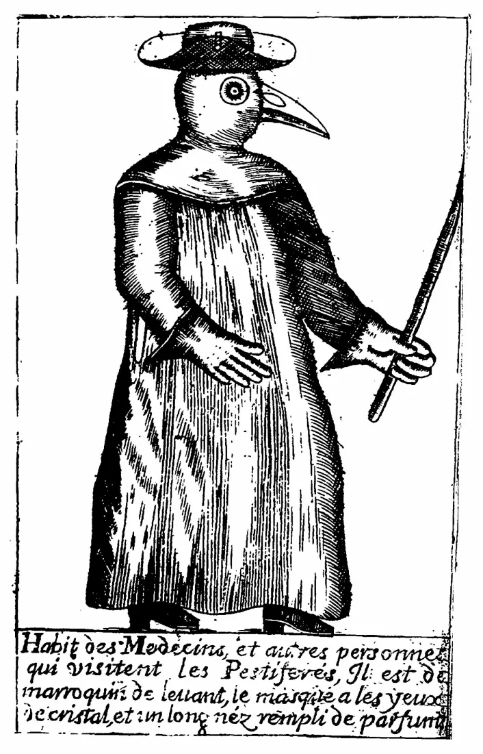 En pestdoktor er forsideillustrasjon på boken Traité de la peste av Jean-Jacques Manget (1721).