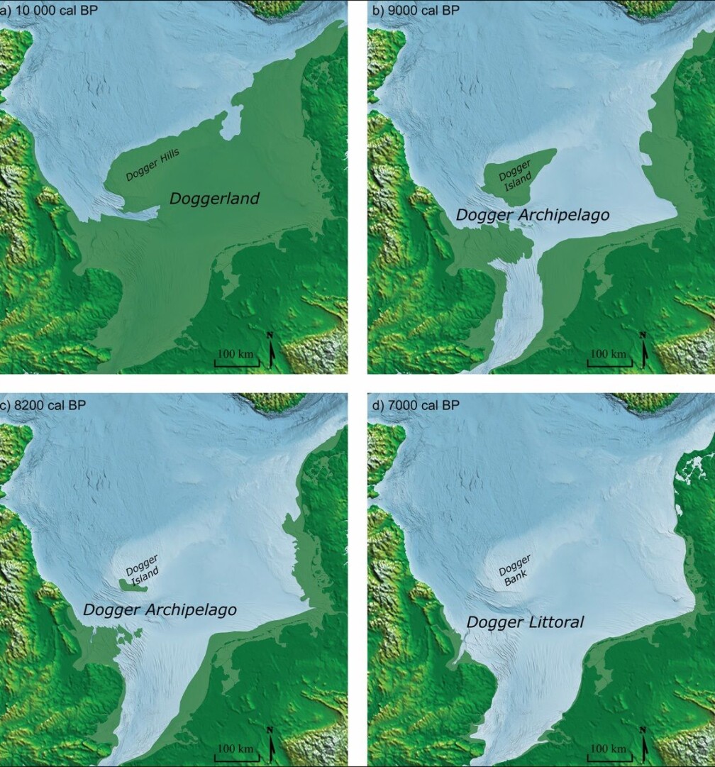 Kartet viser en sannsynlig utvikling av Doggerland de siste 10 000 årene. Dette er et landområde som bandt Storbritannia og Danmark sammen. For rundt 8200 år siden hadde mesteparten av Doggerland sunket i havet, rett før den store tsunamien traff. Kartet viser en sannsynlig utvikling av Doggerland de siste 10 000 årene. Dette er et landområde som bandt Storbritannia og Danmark sammen. For rundt 8200 år siden hadde mesteparten av Doggerland sunket i havet, rett før den store tsunamien traff.