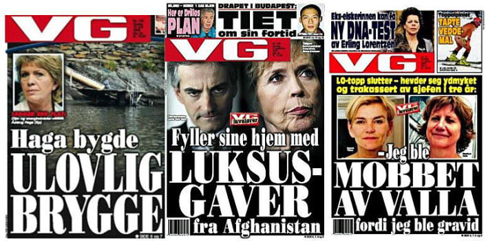 Tre VG-forsider fra medieskandalene til Åslaug Haga, den såkalte gavesaken, og Gerd-Liv Valla. Det karakteristiske ved et mediekjør er imidlertid at det ikke går an å peke ut ett ansvarlig medium eller én journalist – alle mediene løper i flokk og jager samme historie. (Foto: (Faksimiler)) Tre VG-forsider fra medieskandalene til Åslaug Haga, den såkalte gavesaken, og Gerd-Liv Valla. Det karakteristiske ved et mediekjør er imidlertid at det ikke går an å peke ut ett ansvarlig medium eller én journalist – alle mediene løper i flokk og jager samme historie. (Foto: (Faksimiler))