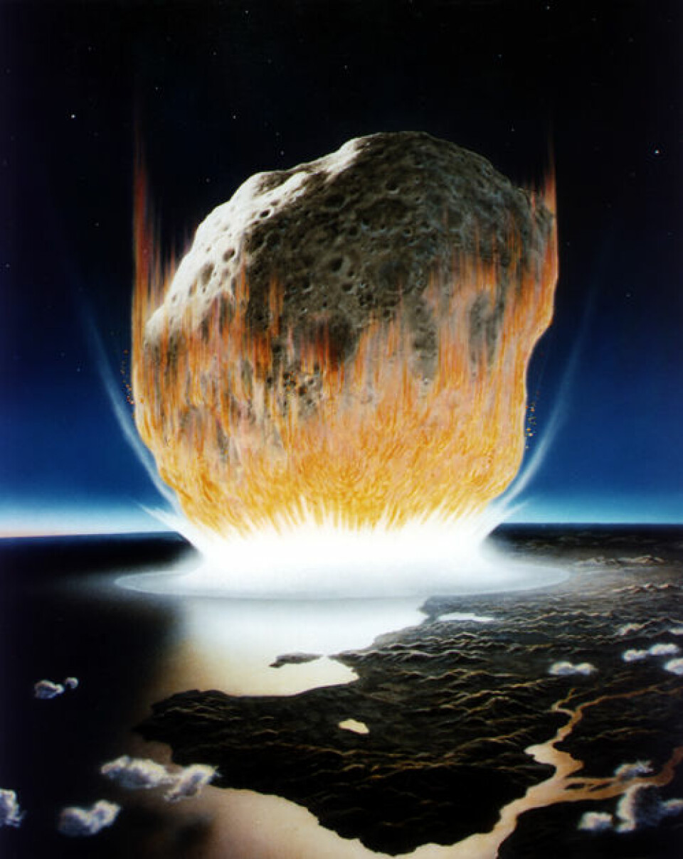 Her er en kunstnerisk framstilling av hvordan det kan se ut idet en diger komet treffer jordoverflata. (Illustrasjon: Don Davis, NASA)