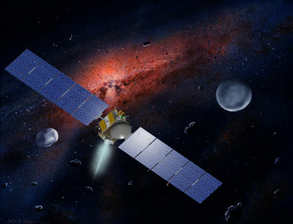 Illustrasjon av Dawn med asteroidebeltet som bakgrunn.  I bakgrunnen er Vesta til venstre og Ceres til høyre. (Foto: (Illustrasjon: NASA-JPL, WK Hartmann, UCLA))