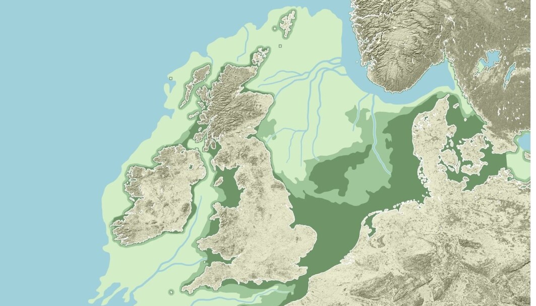 Kartet viser Doggerlands utstrekning i forskjellige tidsperioder. Den lysegrønne delen var sannsynligvis tørt land for rundt 16 000 år siden, og du kan se elvedeltaer og fjell på dette bildet. Etterhvert som havet steg, ble mer og mer av landskapet oversvømt, og det mørkegrønne var tørt for rundt 10 000 år siden. Kartet viser Doggerlands utstrekning i forskjellige tidsperioder. Den lysegrønne delen var sannsynligvis tørt land for rundt 16 000 år siden, og du kan se elvedeltaer og fjell på dette bildet. Etterhvert som havet steg, ble mer og mer av landskapet oversvømt, og det mørkegrønne var tørt for rundt 10 000 år siden.