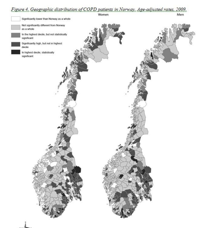 Kartet viser fordelingen av kols-tilfeller i Norge. (Foto: (Illustrasjon: Sintef)) Kartet viser fordelingen av kols-tilfeller i Norge. (Foto: (Illustrasjon: Sintef))