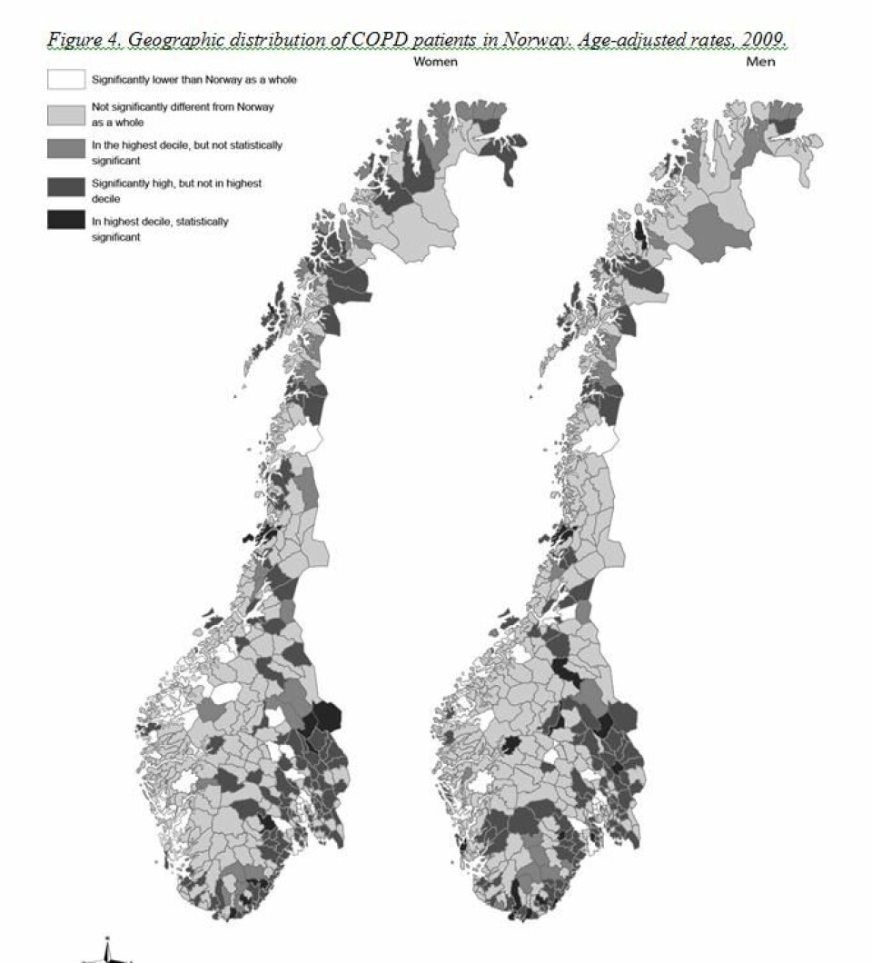 Kartet viser fordelingen av kols-tilfeller i Norge. (Foto: (Illustrasjon: Sintef))