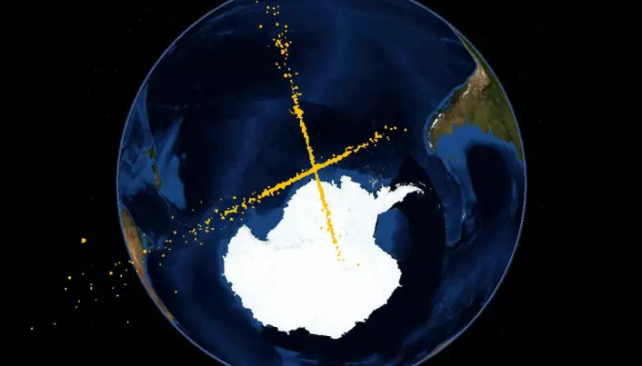 Simulering av romsøppel etter kollisjonen over Sibir i 2009. De gule prikkene er romsøppel.