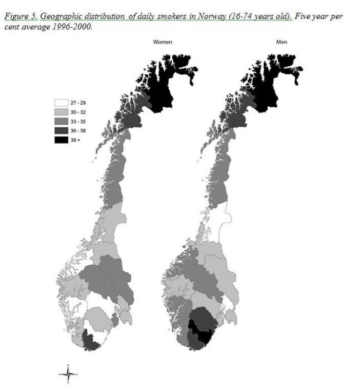 Kartet viser fordelingen av røykere i Norge. (Foto: Sintef) Kartet viser fordelingen av røykere i Norge. (Foto: Sintef)