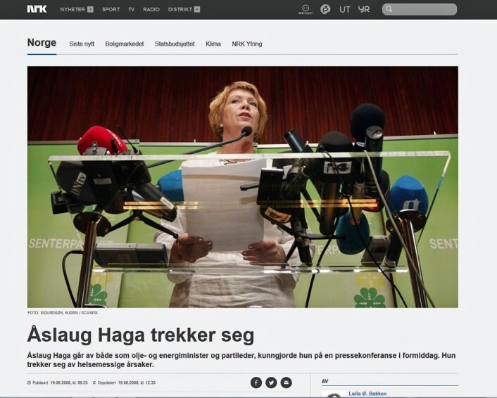 Fra pressekonferansen da Åslaug Haga trakk seg i 2008. (Foto: (Faksimile nrk.no)) Fra pressekonferansen da Åslaug Haga trakk seg i 2008. (Foto: (Faksimile nrk.no))