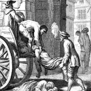 Illustrasjon fra London-pesten i 1665. Lik løftet opp på en kjerre. (Foto: (Kilde: Trykket i boka ‘History of England’, fra 1747. Gravert av N. Parr i 1747. IFoA)) Illustrasjon fra London-pesten i 1665. Lik løftet opp på en kjerre. (Foto: (Kilde: Trykket i boka ‘History of England’, fra 1747. Gravert av N. Parr i 1747. IFoA))