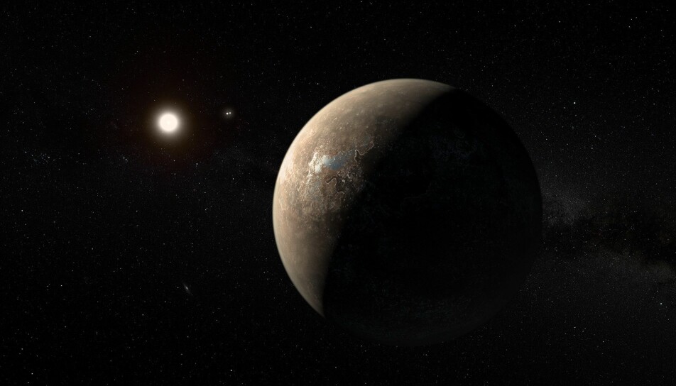 I vårt nærmeste stjernesystem ligger planeten Proxima b. Her illustrert av en kunstner.