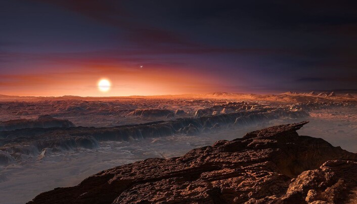 Slik ser en kunstner for seg overflaten på Proxima b. Slik ser en kunstner for seg overflaten på Proxima b.