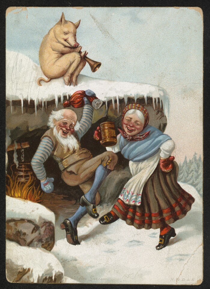 Julekort fra 1890: Nissefar, nissemor og gris på taket. Julekort fra 1890: Nissefar, nissemor og gris på taket.