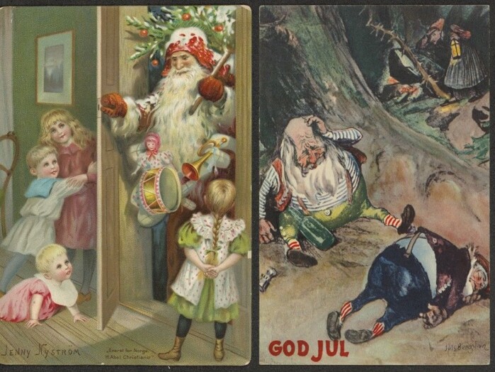 To typer nisser: Den tyskinspirerte julenissen på et julekort fra 1890 og to fulle fjøsnisser på et kort fra 1950. To typer nisser: Den tyskinspirerte julenissen på et julekort fra 1890 og to fulle fjøsnisser på et kort fra 1950.
