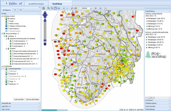 Landskapet endrer seg over tid. En ny karttjeneste fra Skog og landskap visualiserer denne endringen. Her vises endringen i landbruksareal mellom 2001 og 2011. (Foto: Skog og landskap) Landskapet endrer seg over tid. En ny karttjeneste fra Skog og landskap visualiserer denne endringen. Her vises endringen i landbruksareal mellom 2001 og 2011. (Foto: Skog og landskap)