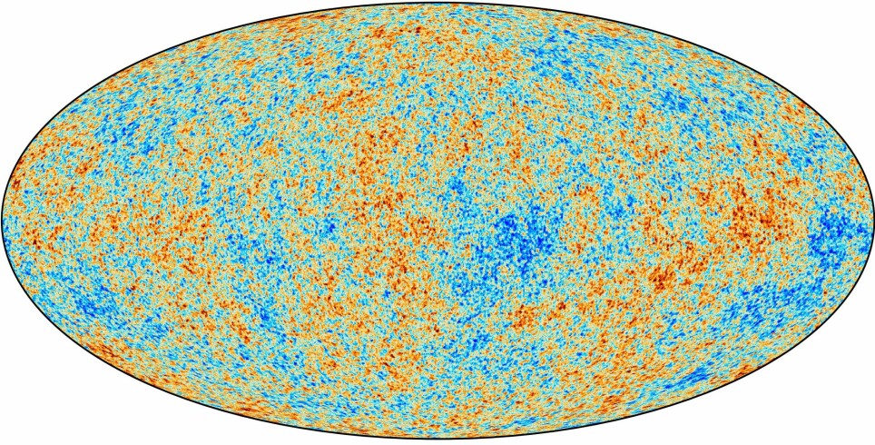 Dette er et kart over den kosmiske bakgrunnstrålingen, sett av Planck-satellitten. De forskjellige fargene viser ørsmå temperaturforskjeller i bakgrunnstrålingen.