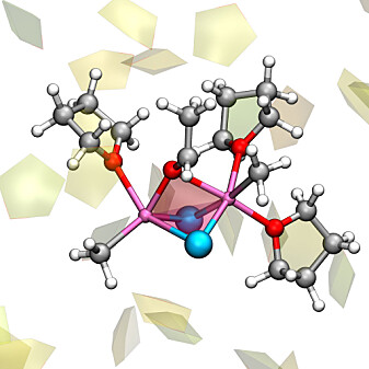 The reactive complex in the Grignard reaction involves two molecules from the Grignard reagent, which interact with acetaldehyde – CH3CHO – and three tetrahydrofuran molecules - (CH2)4O. Other solvent molecules are presented as pentagons in the background. Oxygen molecules are marked in red, magnesium is pink, chlorine is blue, carbon is black, and hydrogen atoms are white. The reactive complex in the Grignard reaction involves two molecules from the Grignard reagent, which interact with acetaldehyde – CH3CHO – and three tetrahydrofuran molecules - (CH2)4O. Other solvent molecules are presented as pentagons in the background. Oxygen molecules are marked in red, magnesium is pink, chlorine is blue, carbon is black, and hydrogen atoms are white.