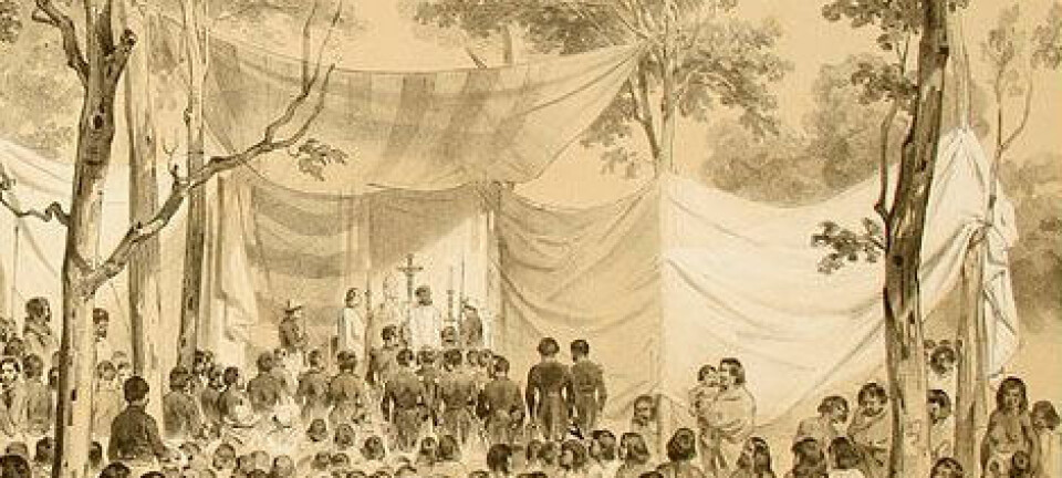 Franske misjonærer holder messe for lokalbefolkningen på Mangareva. Illustrasjonen er lagd av Ernest Goupil og ble publisert i Atlas pittoresque, utgitt i 1846. (Wikimedia Commons)