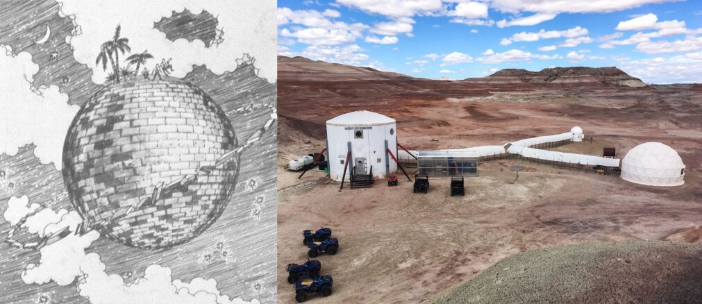 Fra murstein-satellitter til Mars-basen i Utah – mye kan skje på vel 150 år. Til venstre ses omslaget til romanen 'The Brick Moon' fra 1869. Til høyre en av basene til The Mars Society, som brukes til å simulere Mars-reiser. Fra murstein-satellitter til Mars-basen i Utah – mye kan skje på vel 150 år. Til venstre ses omslaget til romanen 'The Brick Moon' fra 1869. Til høyre en av basene til The Mars Society, som brukes til å simulere Mars-reiser.