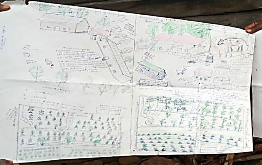 One of the methods InnovAfrica is pilot testing is an Integrated Farm Plan (PIP). To start with farmers are challenged to make a drawing illustrating the current situation on their farm, as well as their desired future situation. In this PIP-drawing, the farmer has drawn the current state to the left and the desired future to the right.
