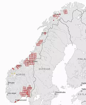 Områder med mye kvikkleire i Norge markert med rødt.