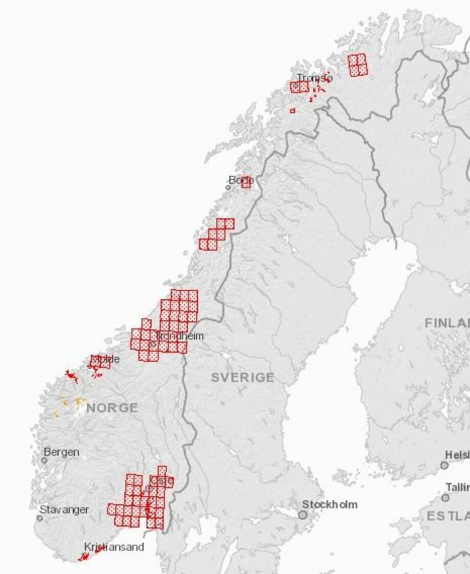 Områder med mye kvikkleire i Norge markert med rødt.