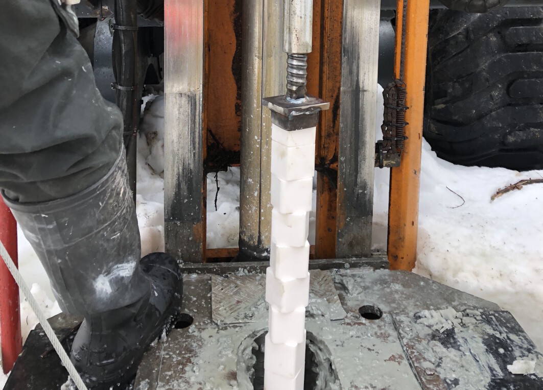 Slik så det ut da saltstaver ble installert av Statens vegvesen på kvikkleirefeltet til Nasjonale Geoforsøksfelt (NGTS) Tiller-Flotten i Trondheim. Slik så det ut da saltstaver ble installert av Statens vegvesen på kvikkleirefeltet til Nasjonale Geoforsøksfelt (NGTS) Tiller-Flotten i Trondheim.