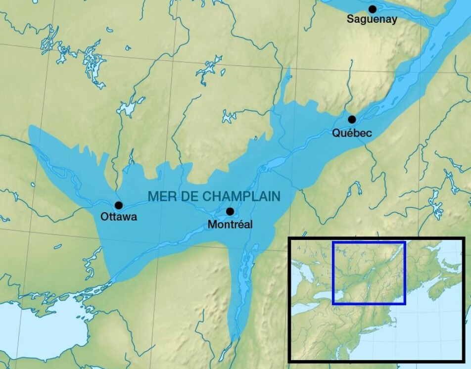Slik kan Champlain-havet ha sett ut mot slutten av forrige istid. Alt det lyseblå kan ha vært hav, og har etterlatt en kvikkleire-arv.