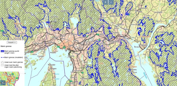 Her kan du se et utdrag av den tidligere havgrensa på Østlandet rundt Oslo, kalt marin grense. Havet gikk helt fram til den blå linja da landet var på sitt laveste, og her er det gammel havbunn. Her kan du se et utdrag av den tidligere havgrensa på Østlandet rundt Oslo, kalt marin grense. Havet gikk helt fram til den blå linja da landet var på sitt laveste, og her er det gammel havbunn.