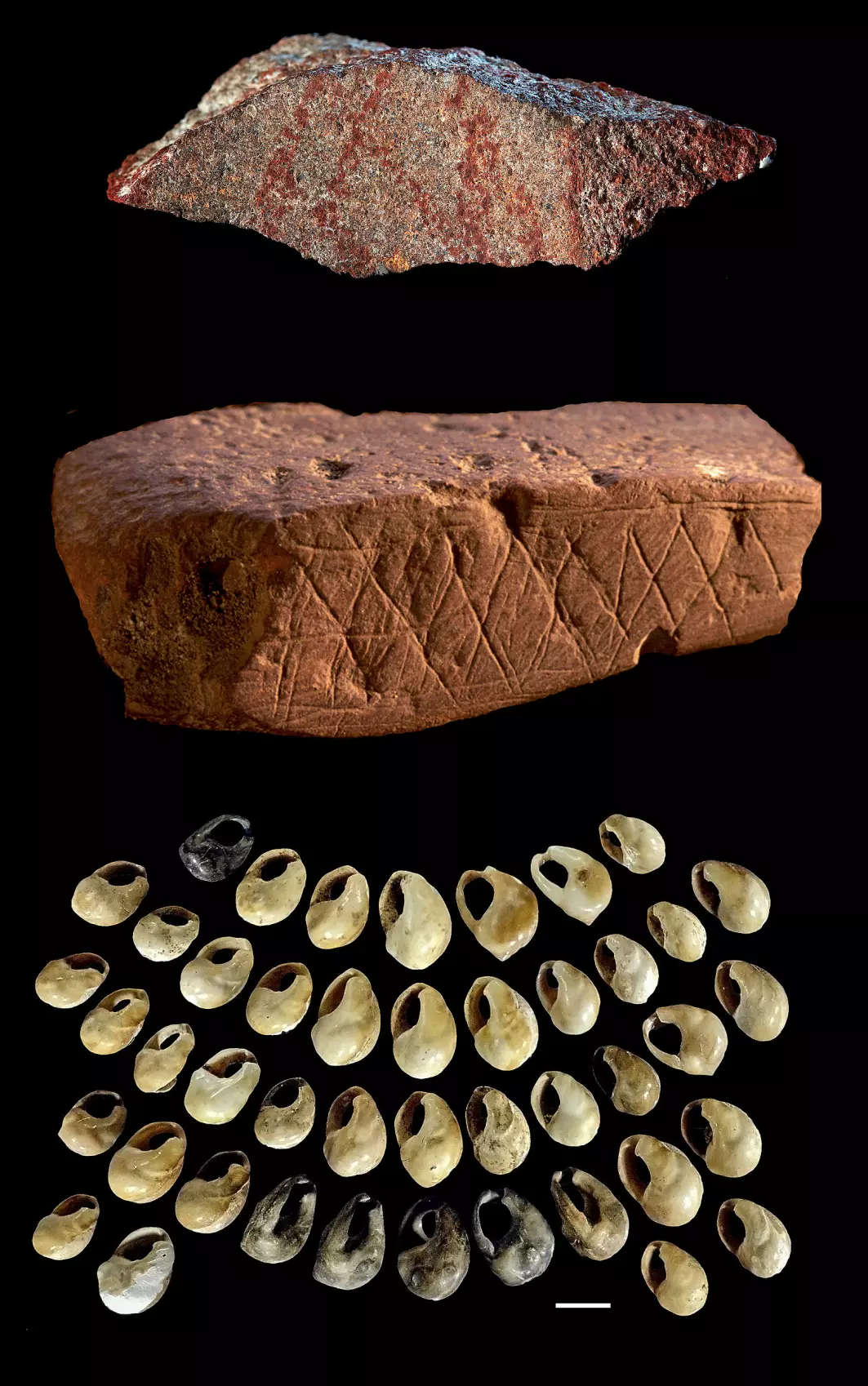 70 000 år gamle arteffakter funnet i Blomboshula. Øverst: tegning malt på steinavsalg. Midten: geometrisk mønster gravert inn på en okerbit. Nederst: smykkegjenstander laget av skjell.