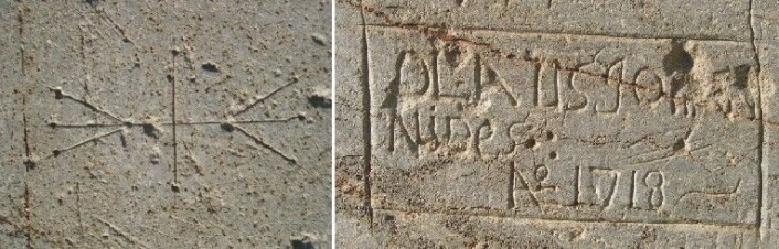 Kleberstein er den mykeste bergarten vi har i Norge, og følgelig lett å ripe. Vi ser dette til gangs i kirken. Signaturen til en steinhugger fra middelalderen til venstre, gammel grafitti til høyre. Alt i trondheimskleber. (Foto: NGU) Kleberstein er den mykeste bergarten vi har i Norge, og følgelig lett å ripe. Vi ser dette til gangs i kirken. Signaturen til en steinhugger fra middelalderen til venstre, gammel grafitti til høyre. Alt i trondheimskleber. (Foto: NGU)