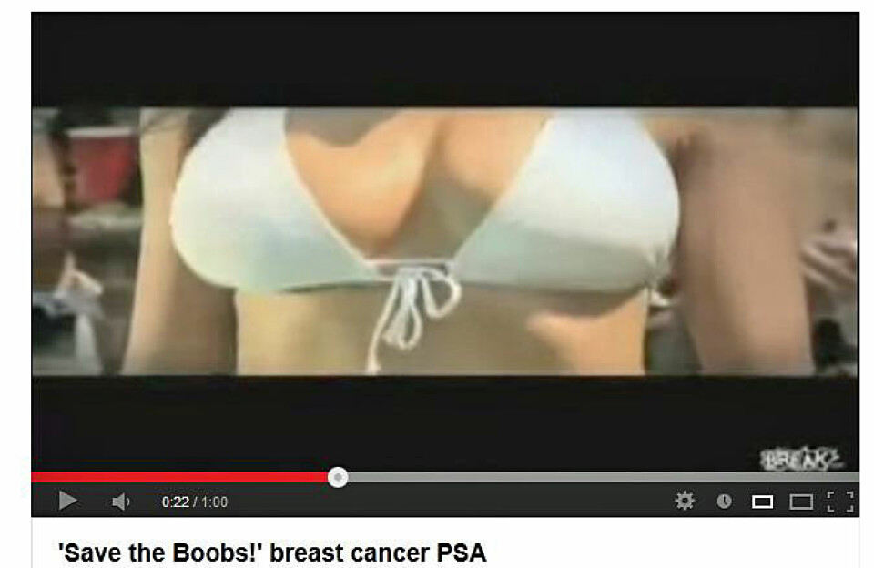 Den canadiske 'Save the boobs'-reklamen fra 2009 skulle promotere veldedighetsfesten 'Boobyball'. Den canadiske tv-stjerna Aliya-Jasmine Somani stilte opp uten betaling etter å ha fått nyheten om at en av hennes kusiner måtte fjerne et bryst på grunn av brystkreft. (Foto: skjermdump)
